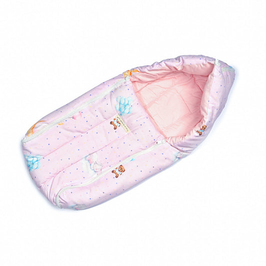Pink baby sleeping bag with cartoon designs on a white background