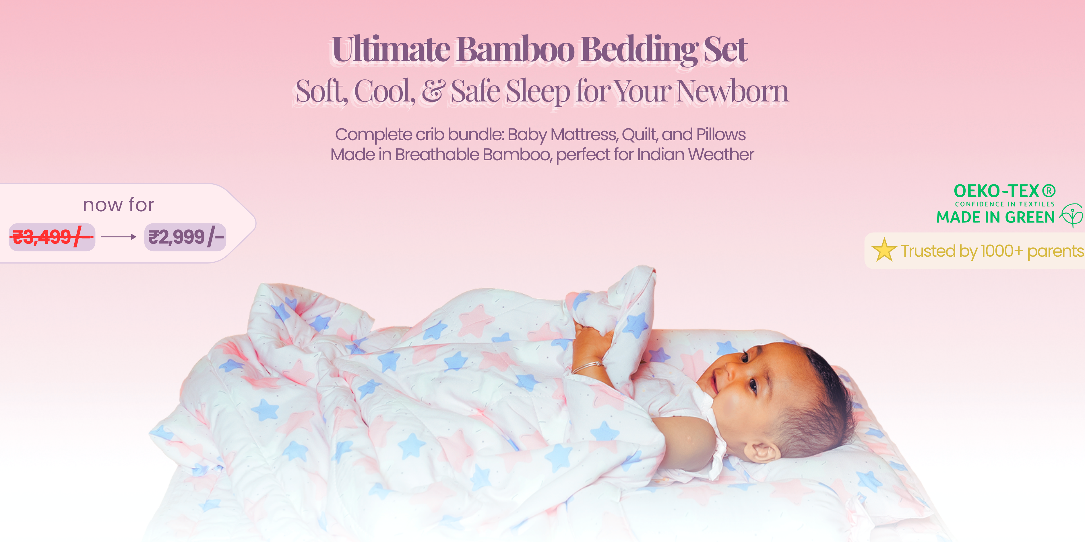 Advertisement for a bamboo bedding set for newborns with a baby lying on a mattress.